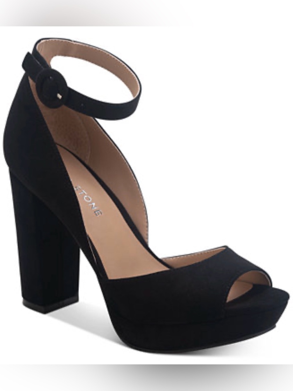 Sun + Stone Black Suede Ankle-Strap Platform Heels